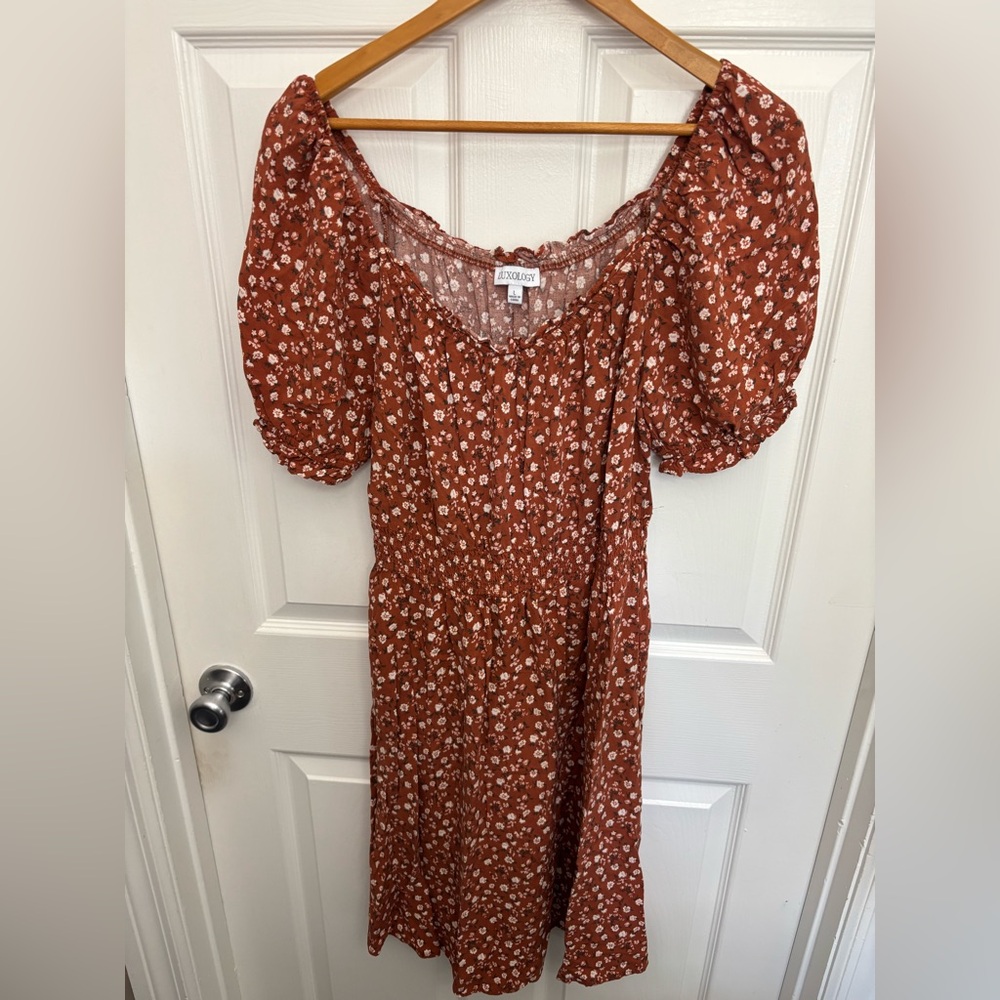Luxology Rust Floral Puff-Sleeve Midi Country Western Boho Festival Dress, L